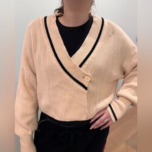 OAK + FORT Cream Wrap Cardigan with Black Trim